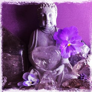 Purple background buddah surrounded by quartz pansy flowers holding a quartz heart