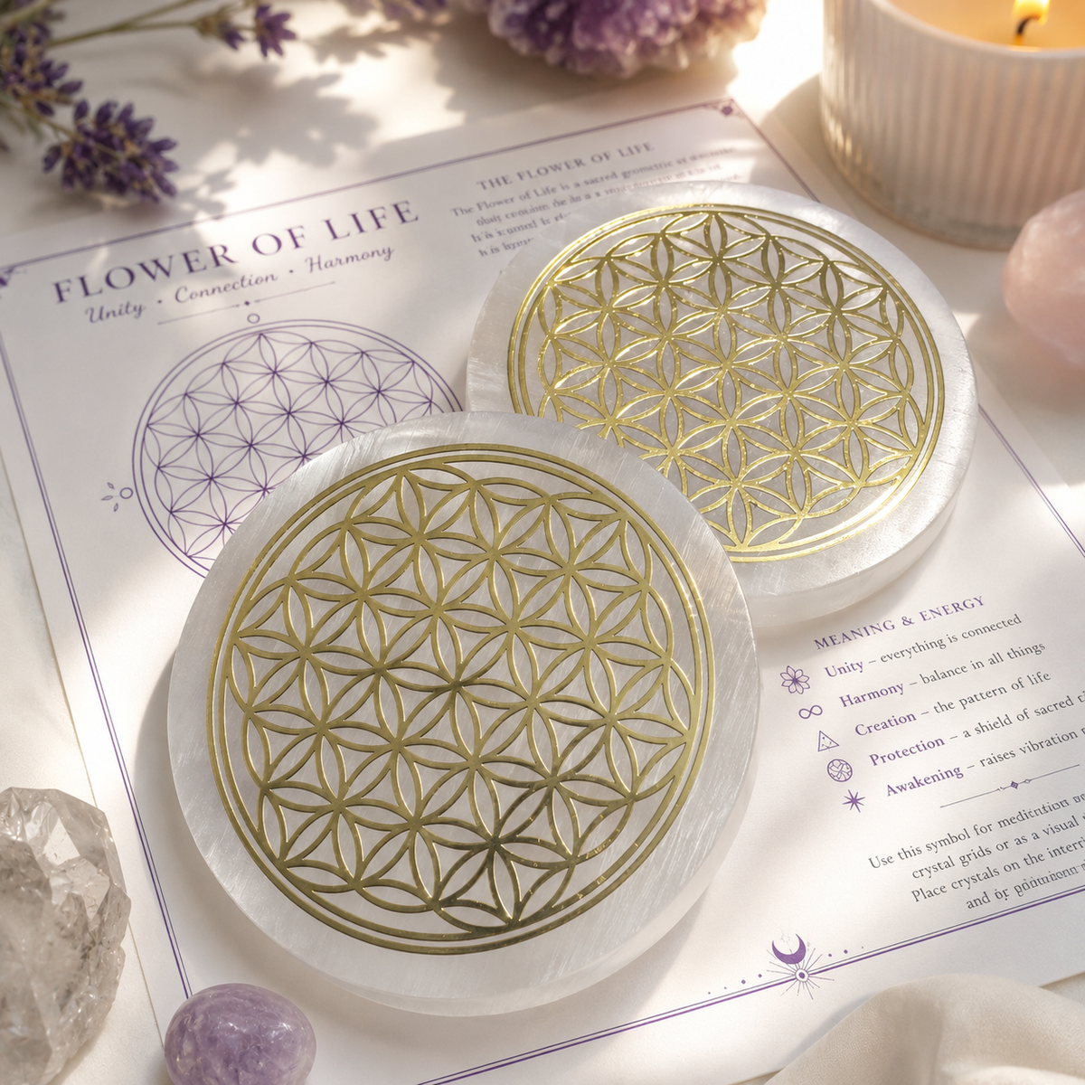 Selenite Flower of Life Sacred Geometry Charging Plate | 6cm