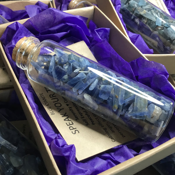 Blue kyanite raw crystal chip vial. Cleanse & Purify