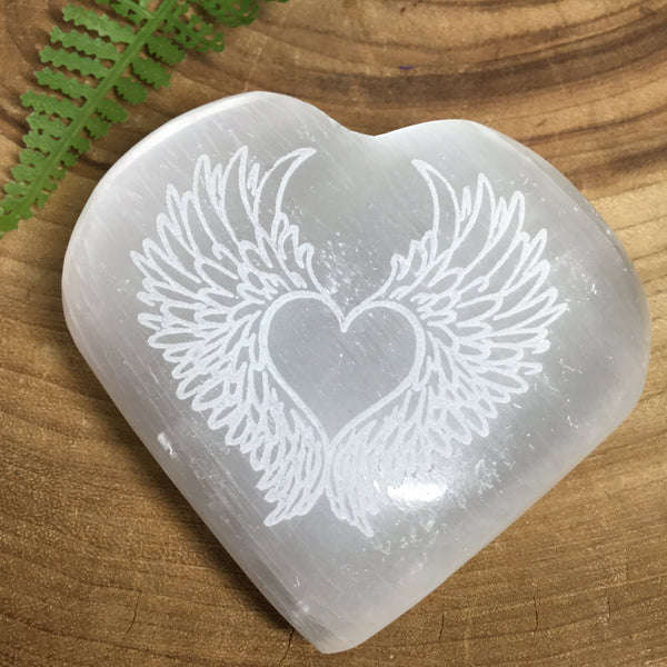 CRYSTALS FOR COMFORT Selenite Angel Wing Engraved Heart. Cleanse & Purify