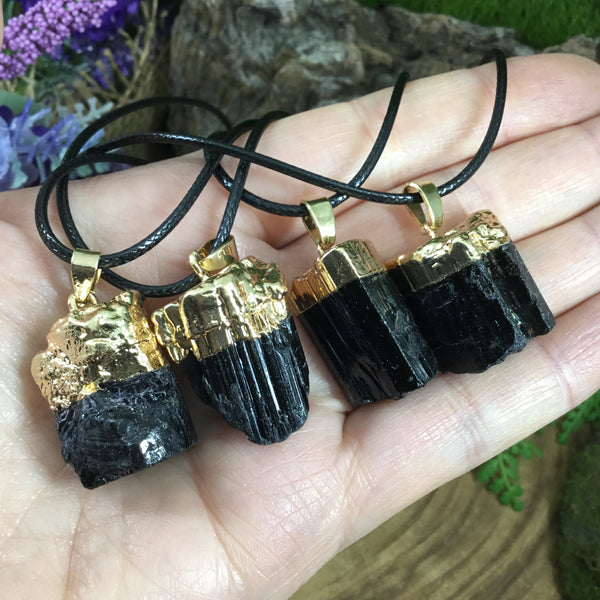 Black Tourmaline Electroplated gold pendant necklace