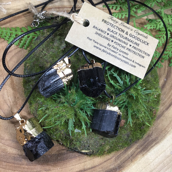 Black Tourmaline Electroplated gold pendant necklace