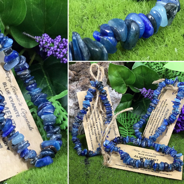 multiple views of blue kyanite chip beaded bracelet with woodland background and purple flowers