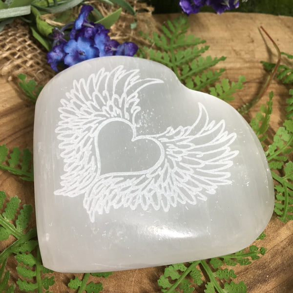 CRYSTALS FOR COMFORT Selenite Angel Wing Engraved Heart. Cleanse & Purify