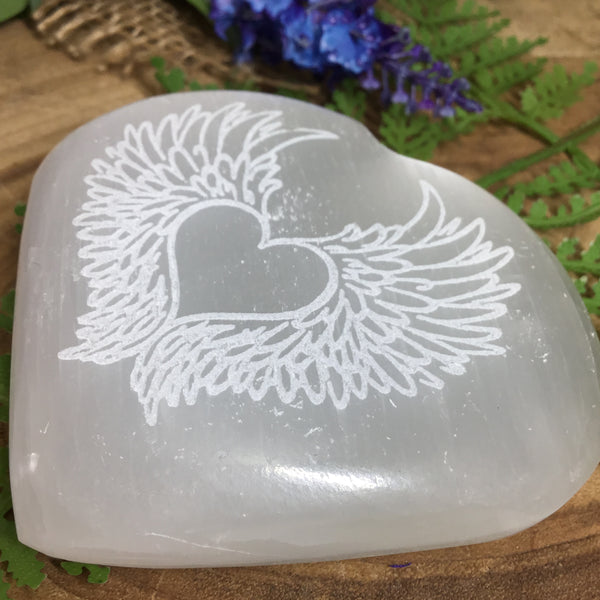 CRYSTALS FOR COMFORT Selenite Angel Wing Engraved Heart. Cleanse & Purify