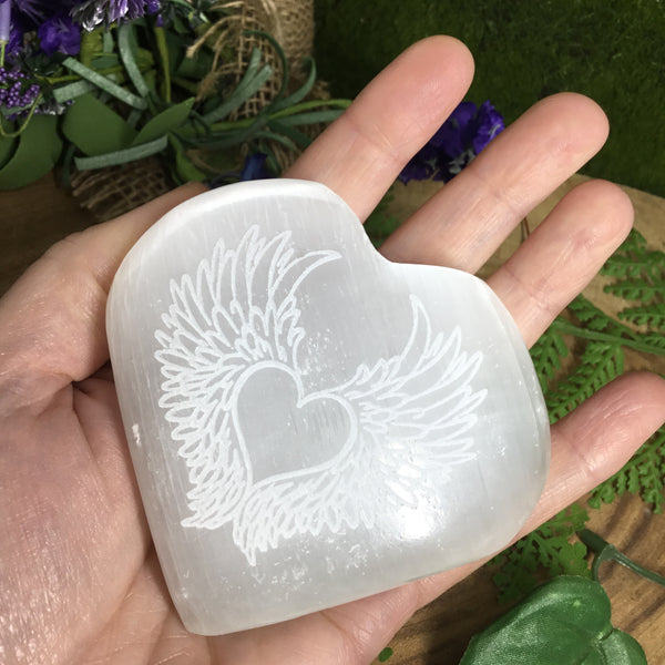 CRYSTALS FOR COMFORT Selenite Angel Wing Engraved Heart. Cleanse & Purify