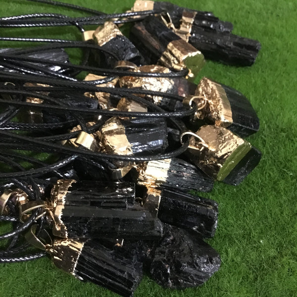 Black Tourmaline Electroplated gold pendant necklace