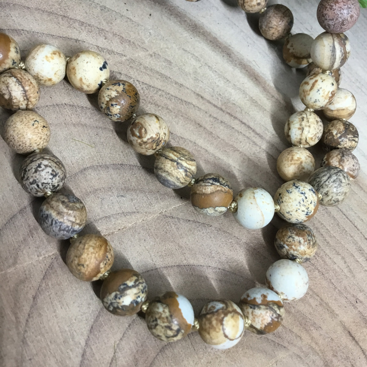 Picture Jasper crystal mala bead wearable energy necklace