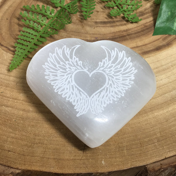 CRYSTALS FOR COMFORT Selenite Angel Wing Engraved Heart. Cleanse & Purify