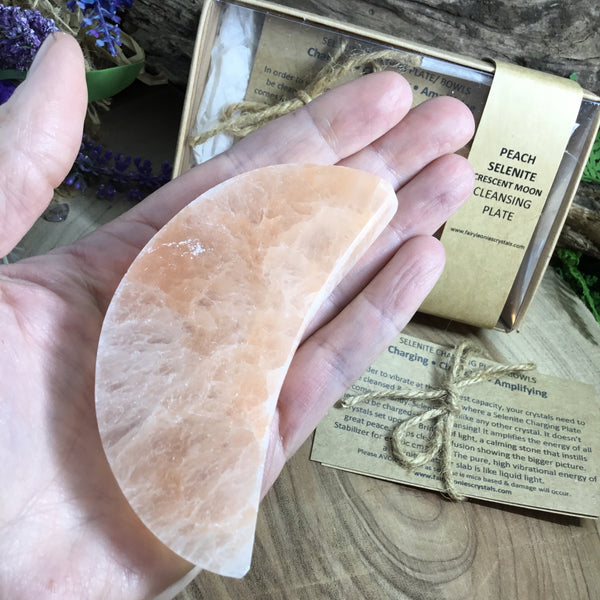 CLEANSE AND PURIFY- PEACH selenite crescent moon charging plate