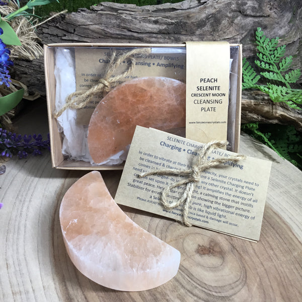 CLEANSE AND PURIFY- PEACH selenite crescent moon charging plate