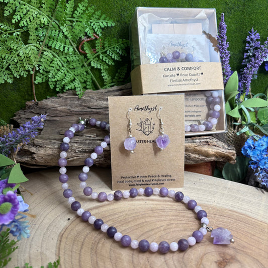 Calm & Comfort  wearable energy - kunzite, lepidolite and elestial amethyst necklace & earring set