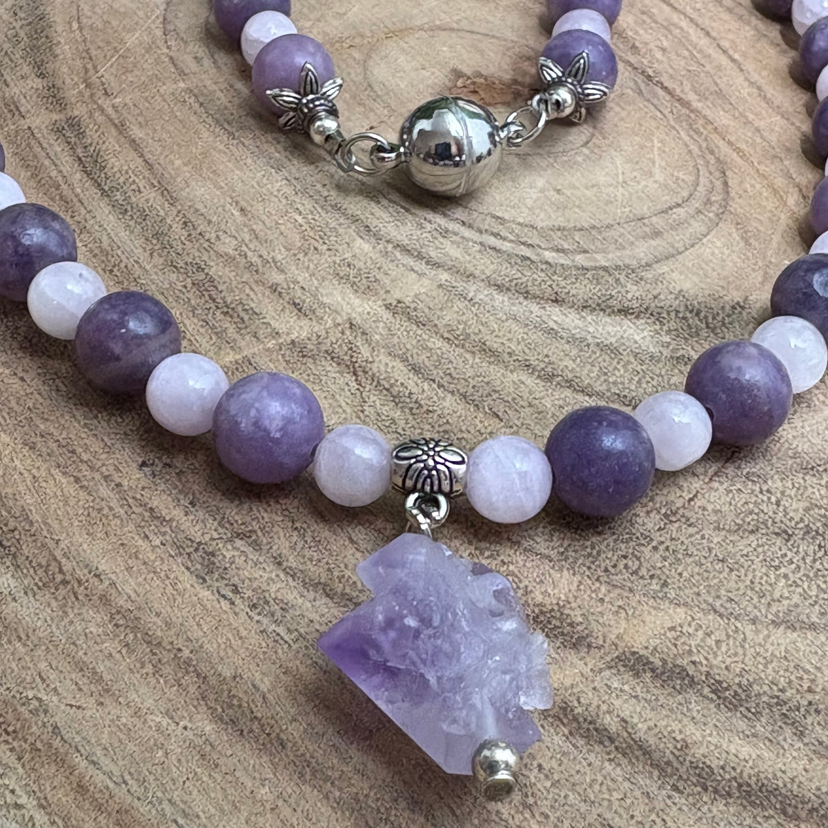 Calm & Comfort  wearable energy - kunzite, lepidolite and elestial amethyst necklace & earring set