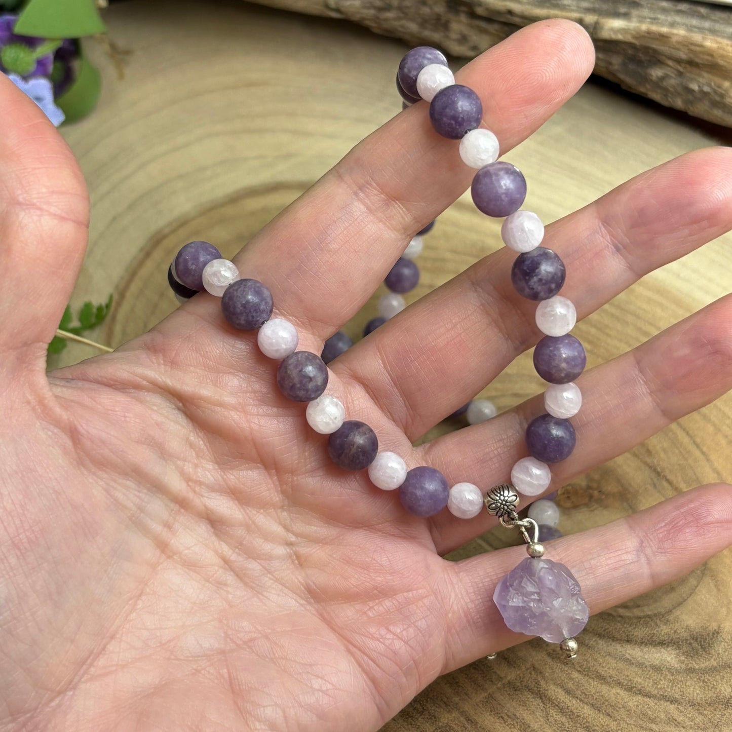 Calm & Comfort  wearable energy - kunzite, lepidolite and elestial amethyst necklace & earring set