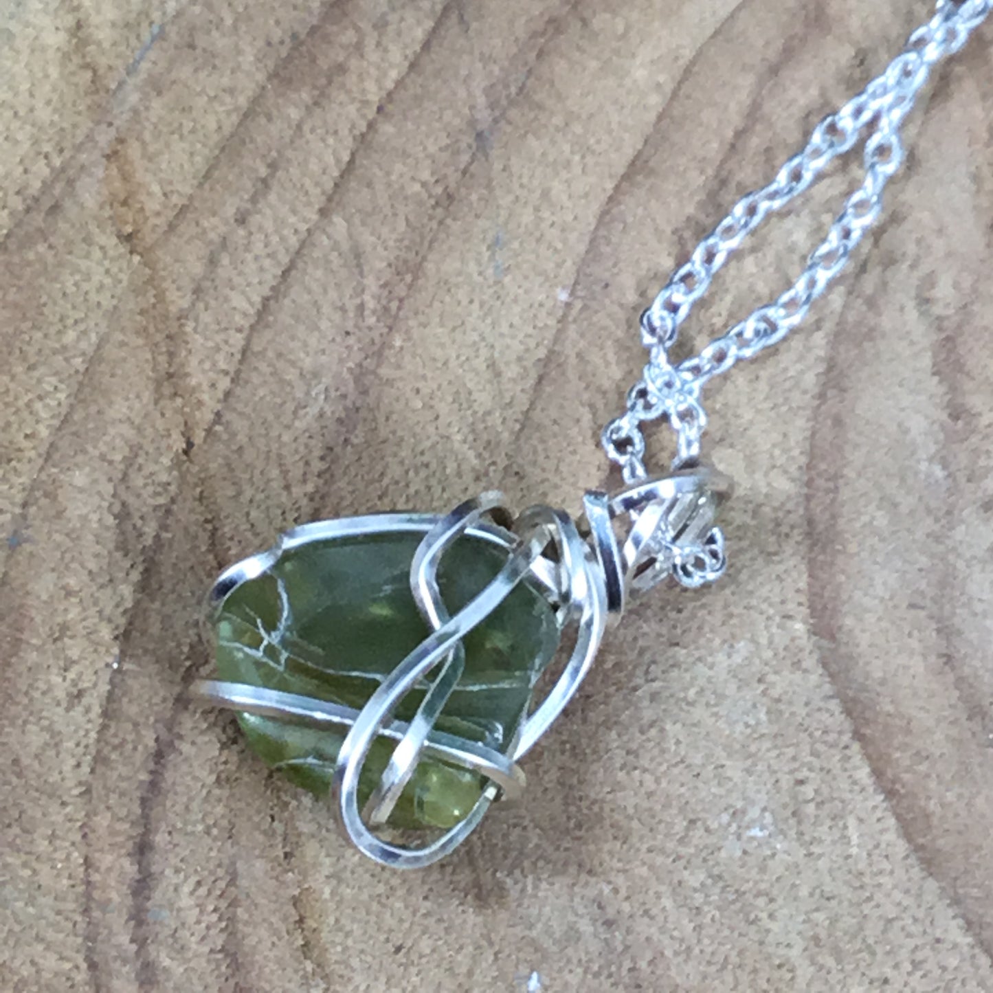 WEARABLE ENERGY. Peridot Wire Wrapped Necklace Pendant 002