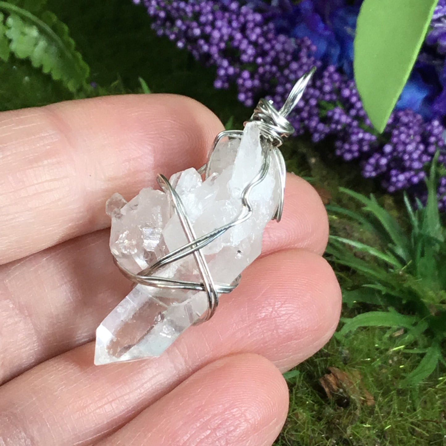 WEARABLE ENERGY- Wire Wrapped Australian Clear Quartz mini Bridge Cluster pendant necklace #3