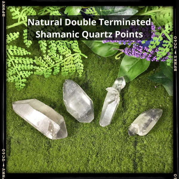natural double terminated healimg shamanic point quartz wands choice of 4 on green woodland background 