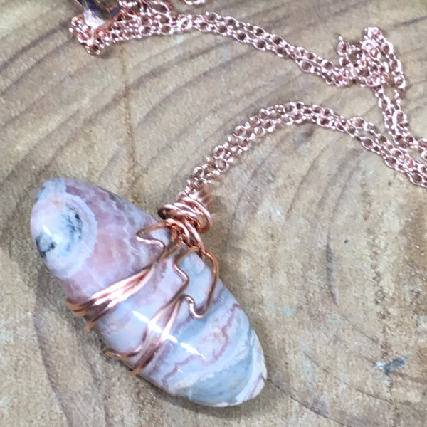 Rhodochrosite copper wire wrapped pendant