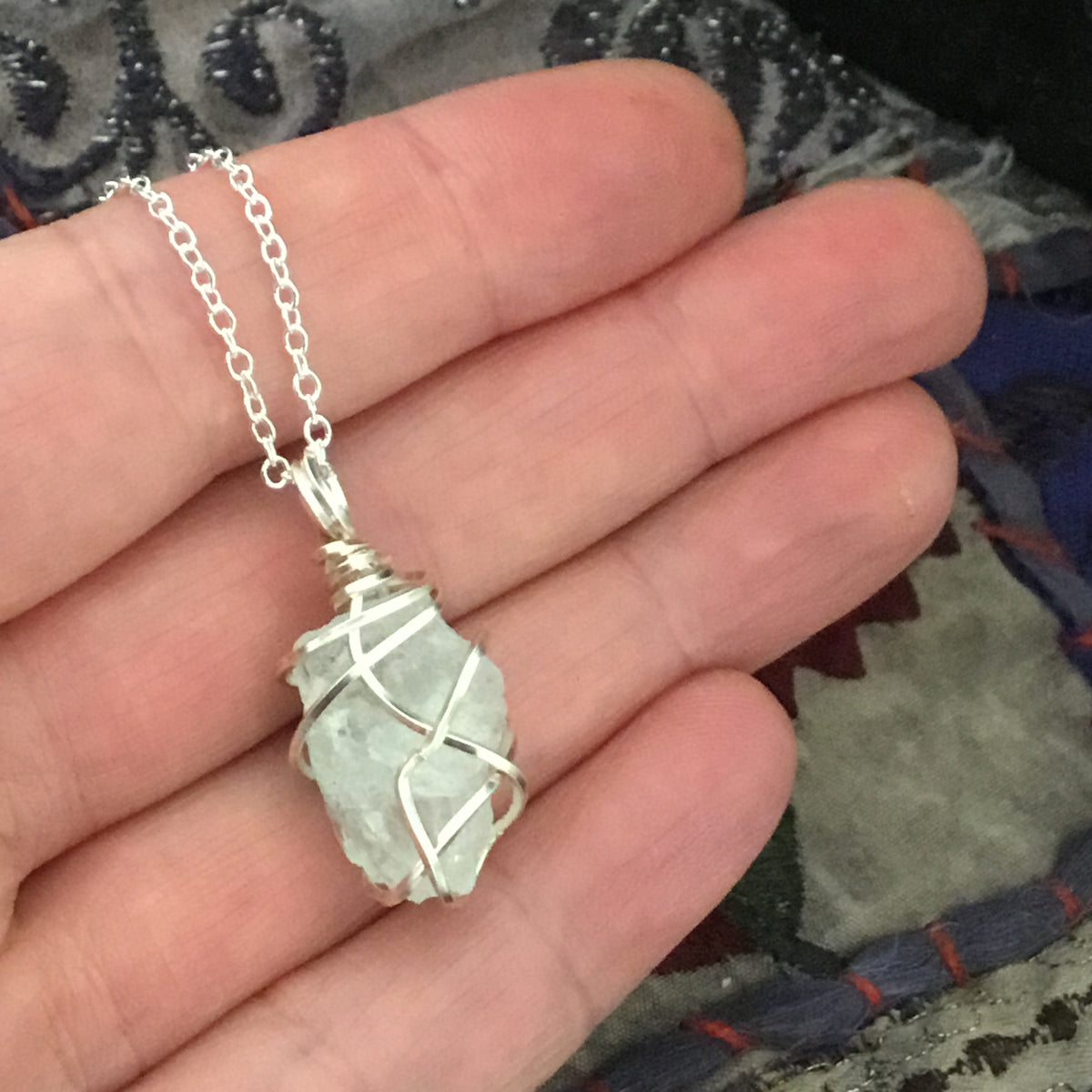 Raw Aquamarine Wire Wrapped Pendant Necklace 003