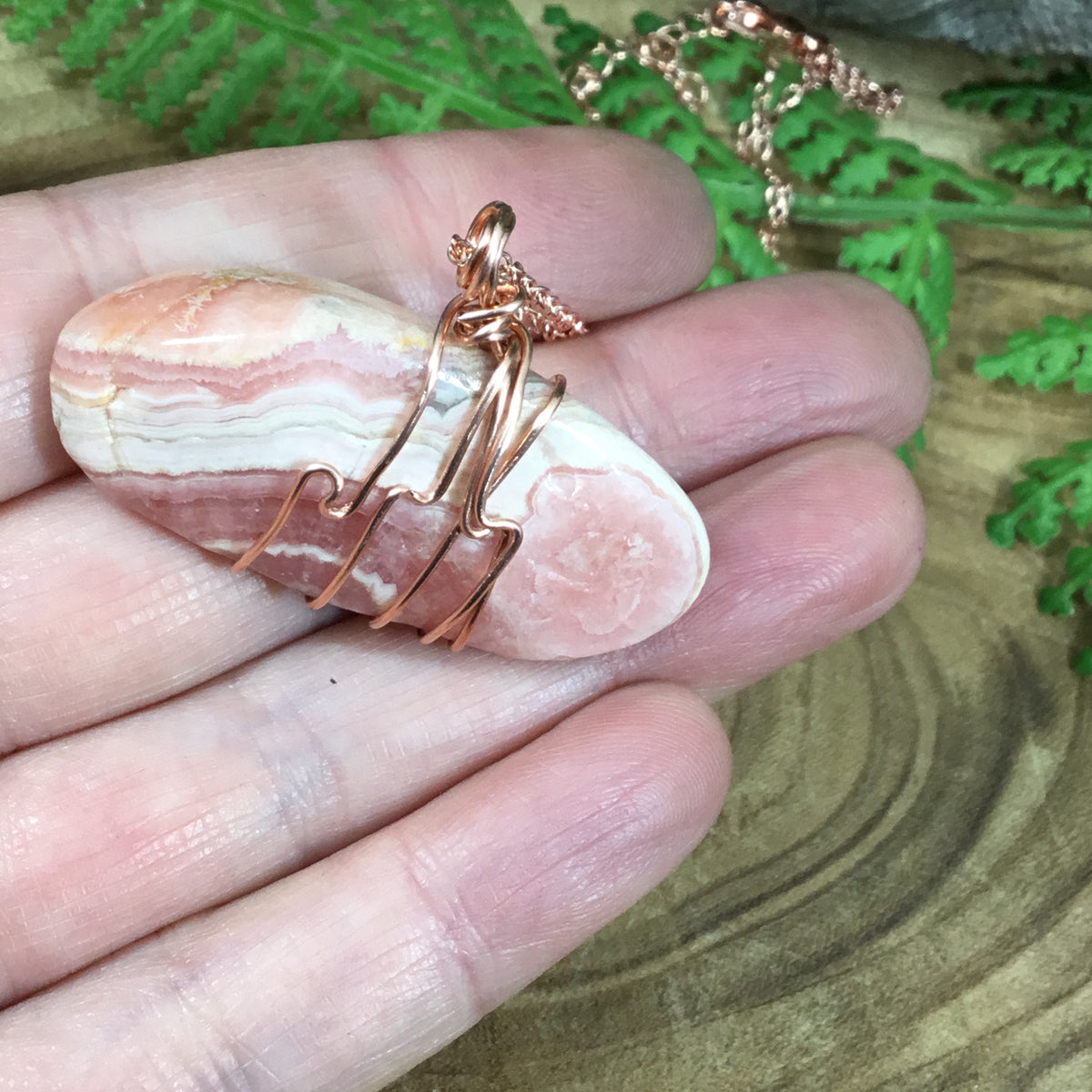 Rhodochrosite copper wire wrapped pendant #2