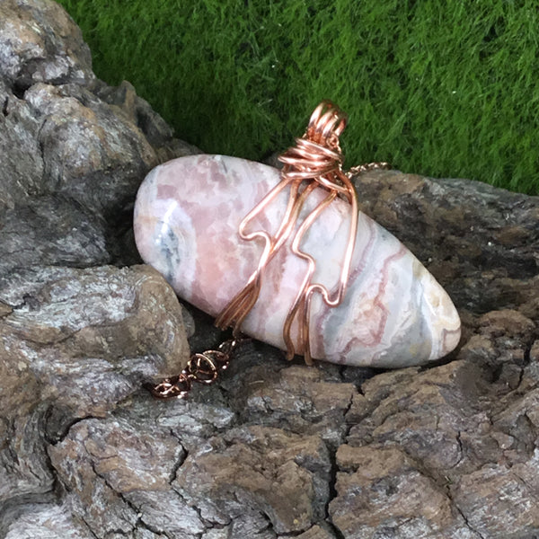 Rhodochrosite copper wire wrapped pendant