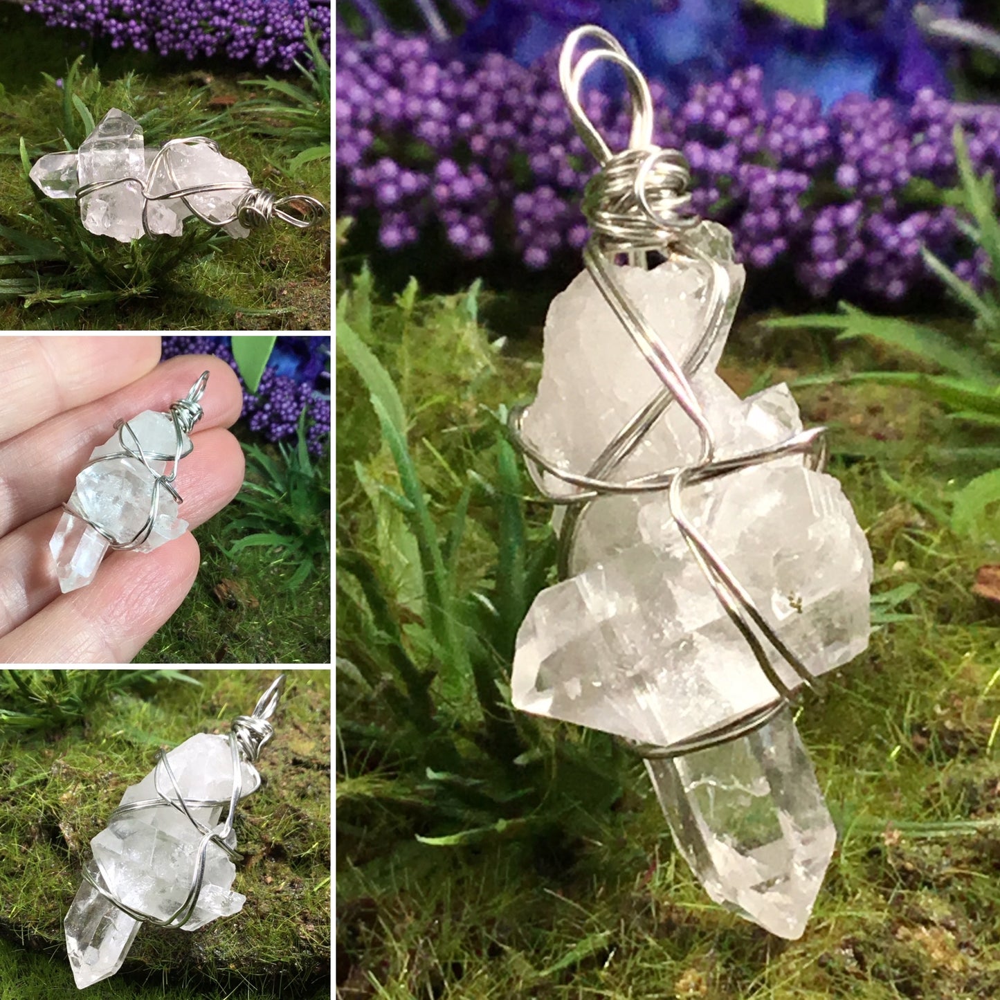WEARABLE ENERGY- Wire Wrapped Australian Clear Quartz mini Bridge Cluster pendant necklace #3