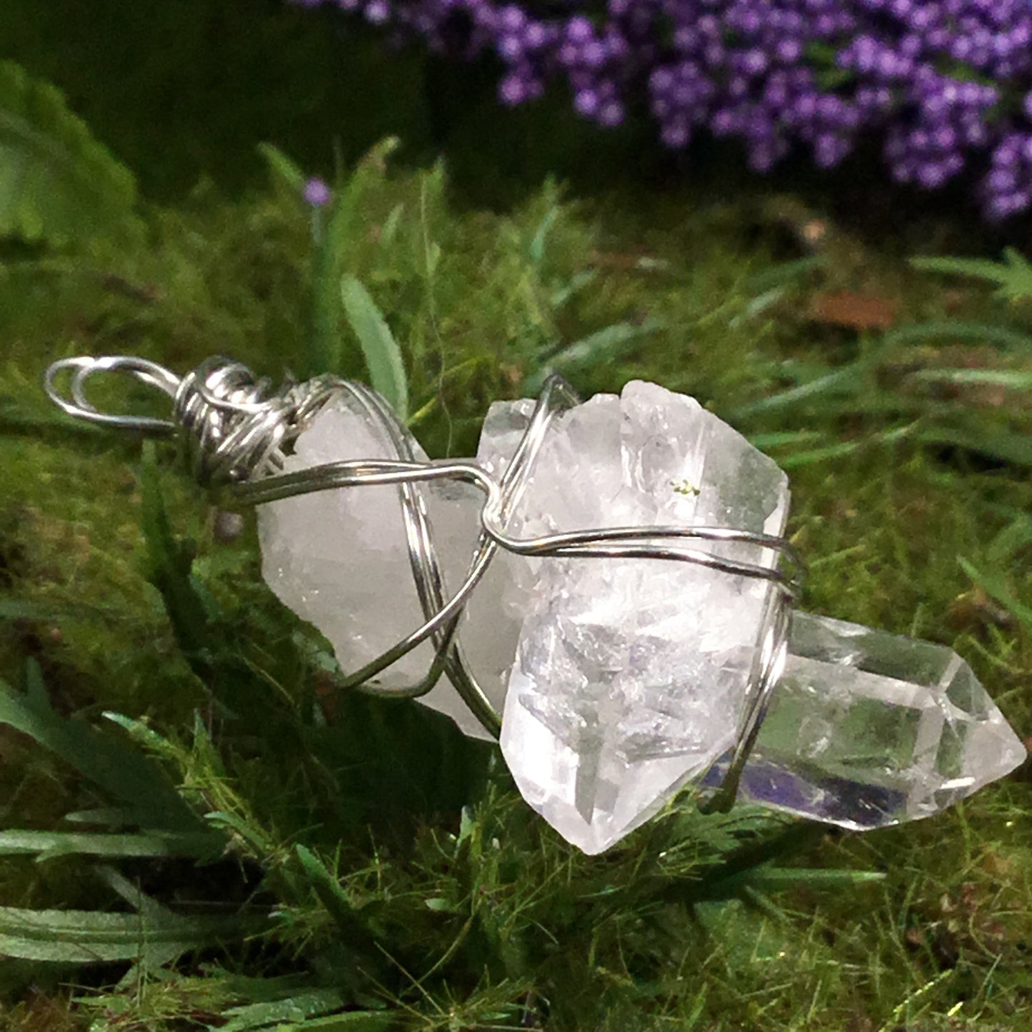 WEARABLE ENERGY- Wire Wrapped Australian Clear Quartz mini Bridge Cluster pendant necklace #3