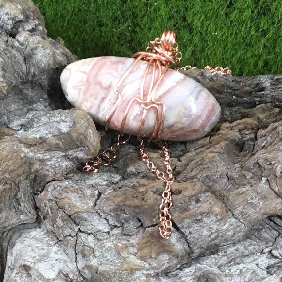 Rhodochrosite copper wire wrapped pendant