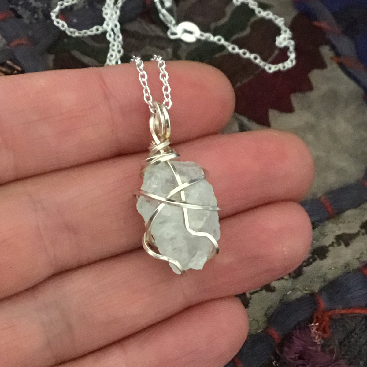 Raw Aquamarine Wire Wrapped Pendant Necklace 003