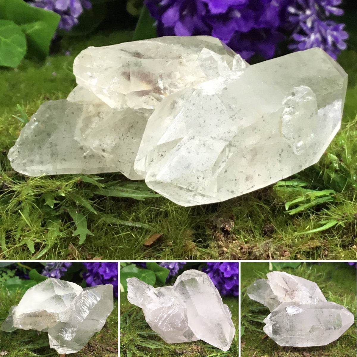 double terminated twin points with green chlorite on green background multiple views of the same crystal