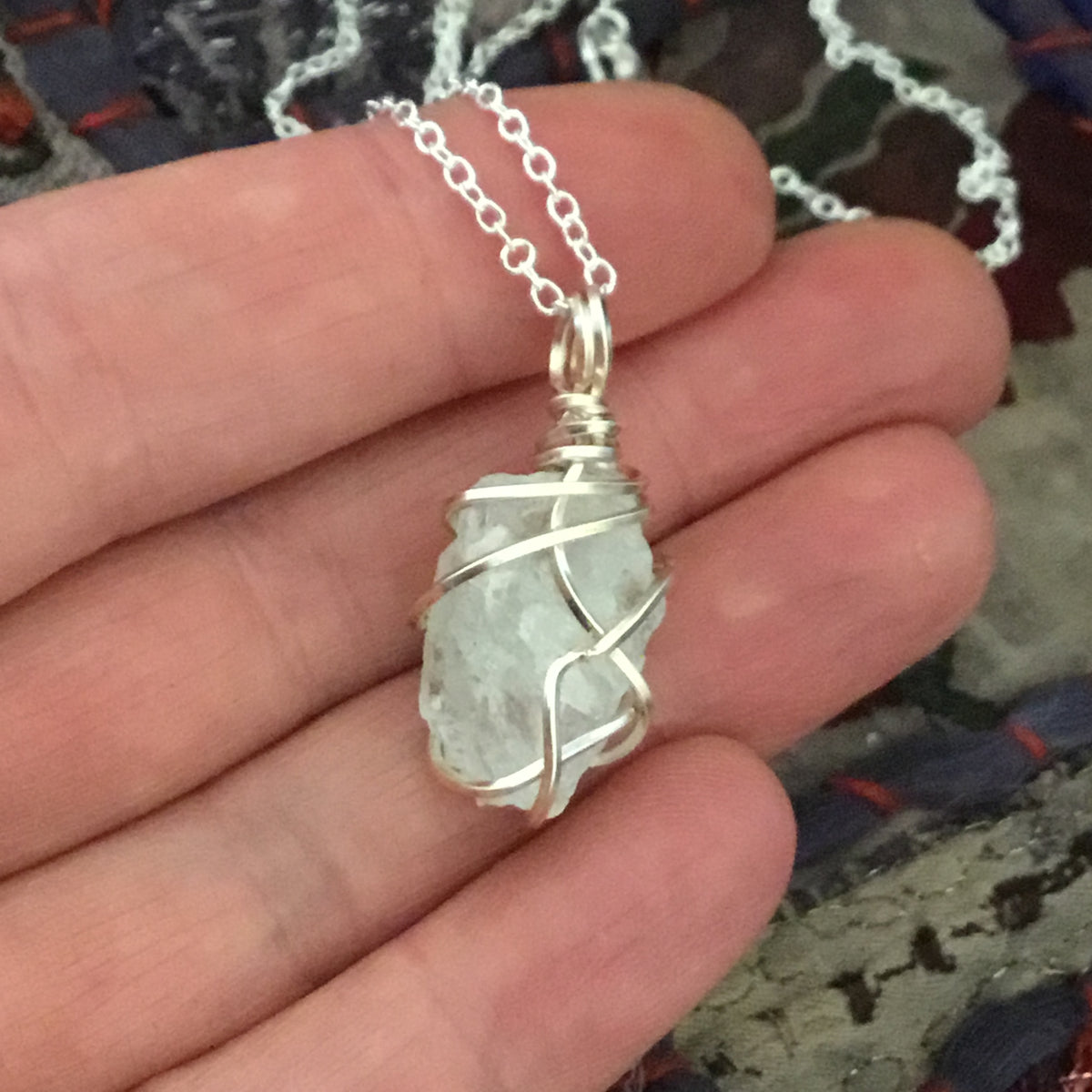 Raw Aquamarine Wire Wrapped Pendant Necklace 003