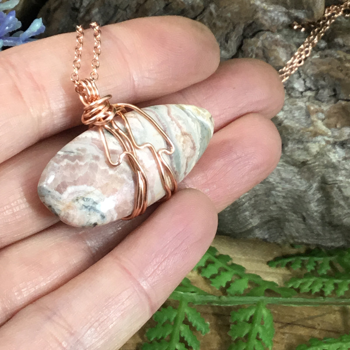 Rhodochrosite copper wire wrapped pendant