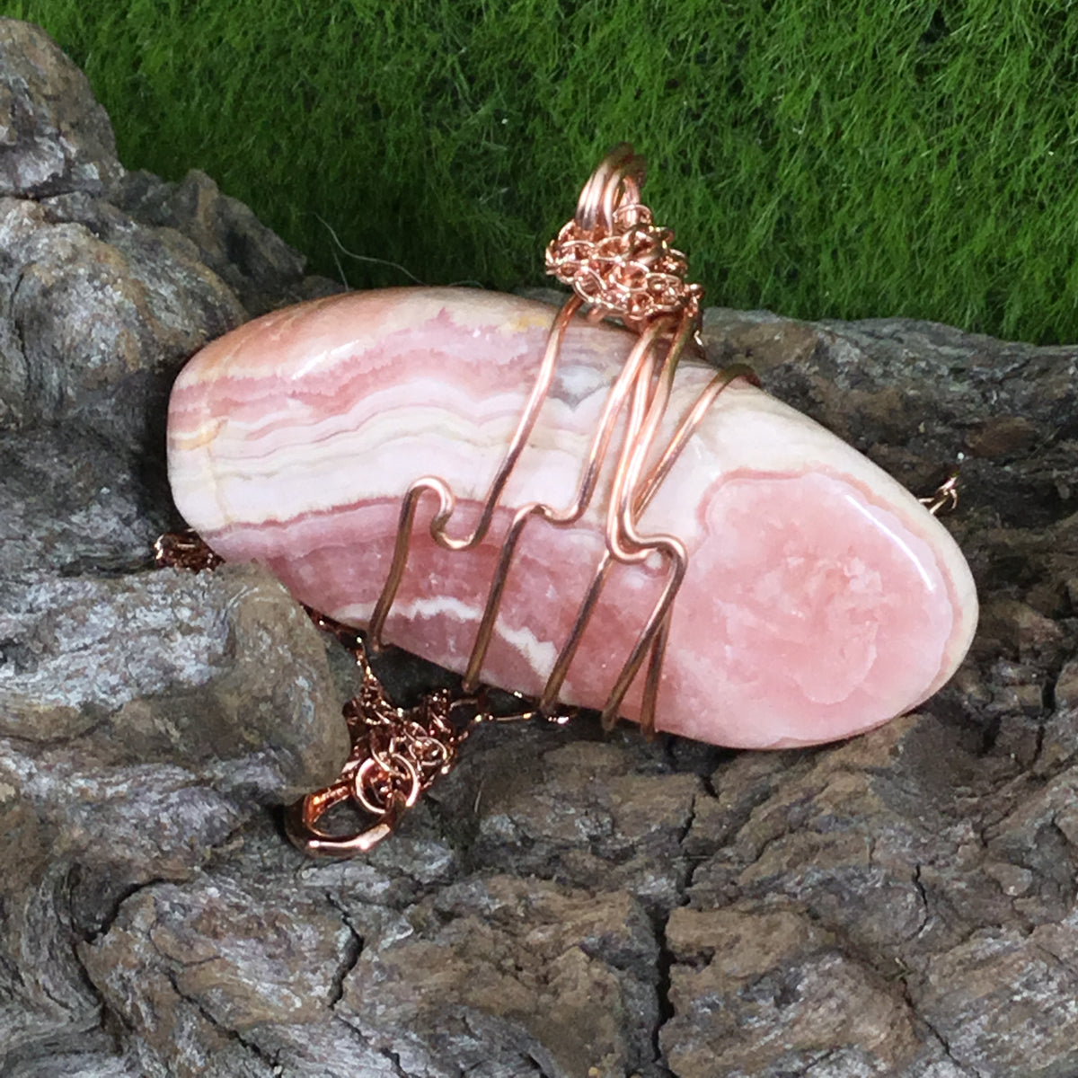 Rhodochrosite copper wire wrapped pendant #2
