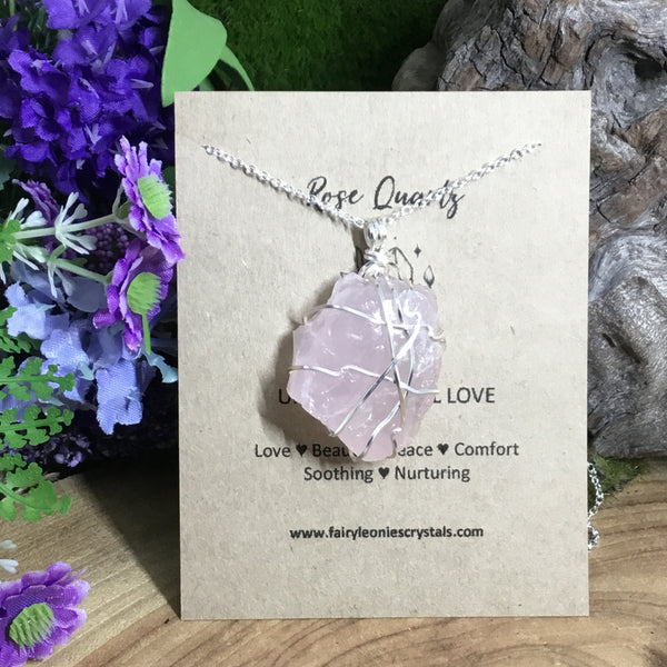 Rose Quartz Wearable Raw Energy Natural Pendant Wire Wrapped Necklaces