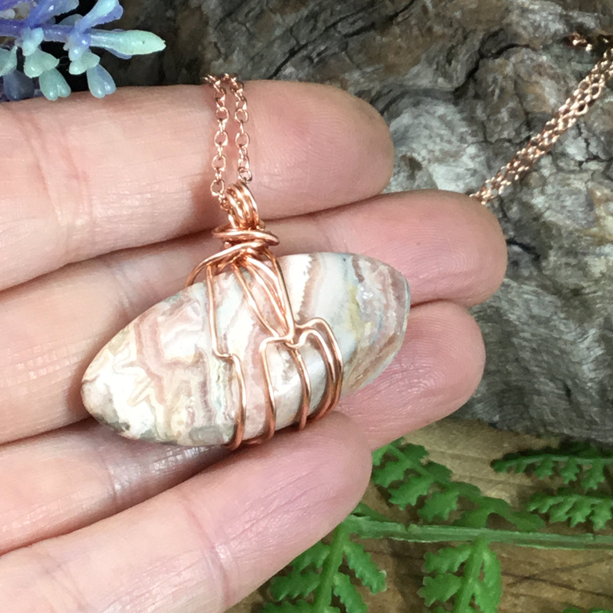 Rhodochrosite copper wire wrapped pendant