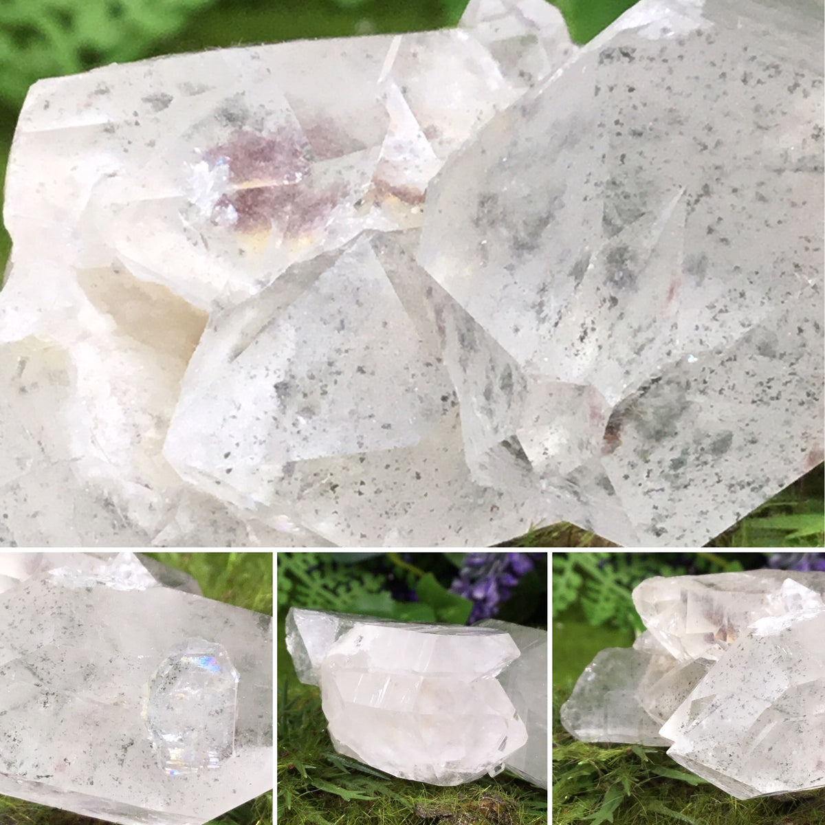 double terminated twin points with green chlorite on green background closeups and multiple views