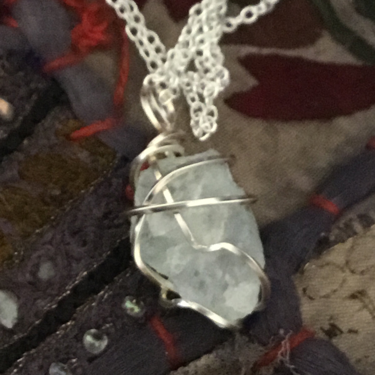 Raw Aquamarine Wire Wrapped Pendant Necklace 003