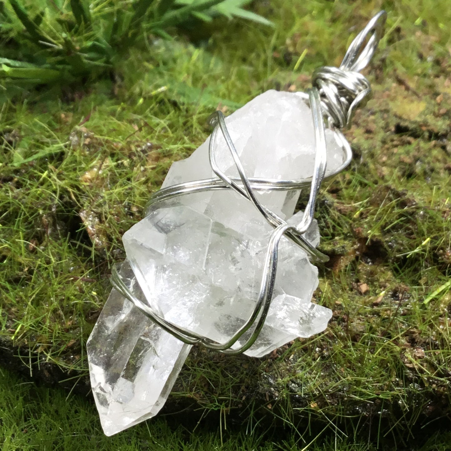 WEARABLE ENERGY- Wire Wrapped Australian Clear Quartz mini Bridge Cluster pendant necklace #3