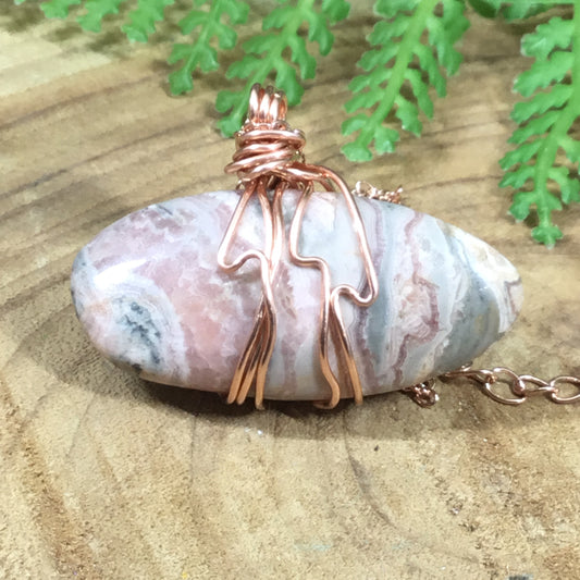 Rhodochrosite copper wire wrapped pendant